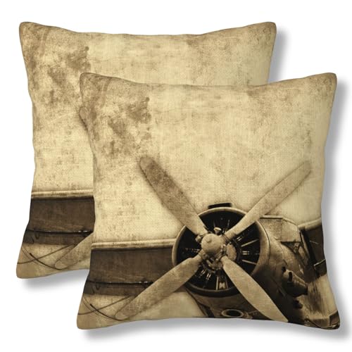 Old Aircraft Throw Pillow Covers Vintage Airplane Pillow Cover 18x18 Inch Set of 2 Retro Vintage Plane Damaged Flight Pillowcase Square Cushion Cases for Couch Bed Sofa - color: Brown, size: 18" x 18" (Pack of 2)