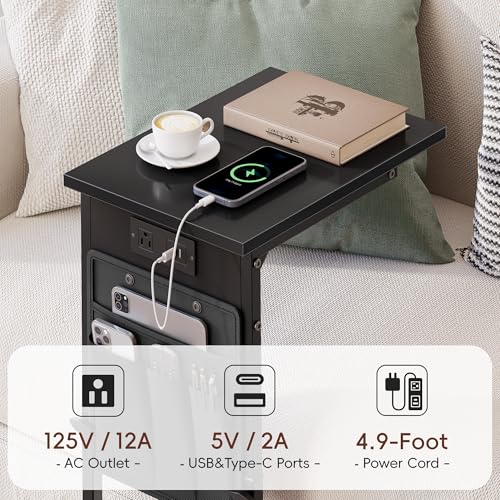C-Shaped End Tables Set of 2 with Charging Station, 33'' Tall C Table Adjustable Height Side Table, Sofa Table for Couch, Couch Table that Slide Under Sofa, TV Trays for Living Room, Black - color: 2pc Black, style: With Plug