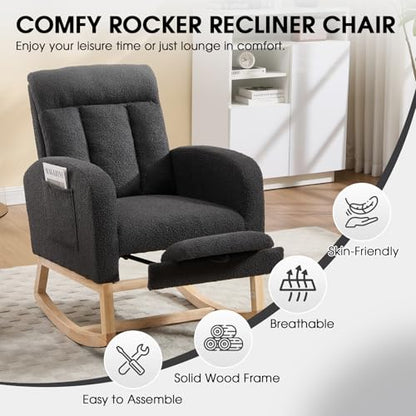 Rocking Chair Nursing, Rocker Chair with Footrest (Dark Grey) | Teddy Boucle Upholstered Accent Reading Chair with High Back & Side Pocket for Living Room Bedroom Nursery Office - color: Dark Grey