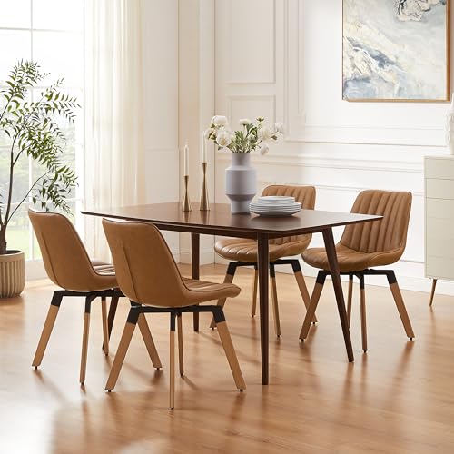 Mid Century Upholstered Swivel PU Dining Chairs Set of 2 Red Brown | 360° swivel curved foam-padded seat armless design dining room chairs accent chairs solid wood legs floor protection pads - color: Red Brown, size: Set of 2-PU