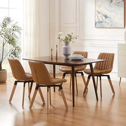Mid Century Upholstered Swivel PU Dining Chairs Set of 2 Red Brown | 360° swivel curved foam-padded seat armless design dining room chairs accent chairs solid wood legs floor protection pads - color: Red Brown, size: Set of 2-PU