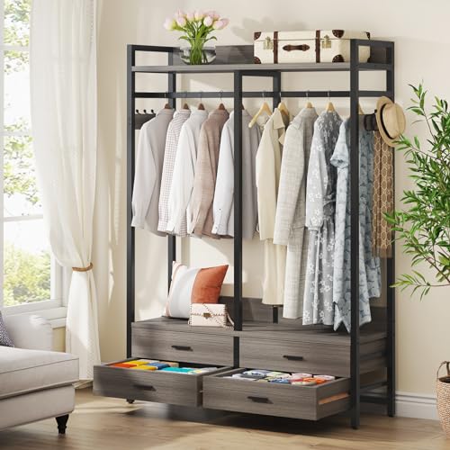 Tribesigns Freestanding Closet Organizer for Hanging Clothes, Heavy Duty Garment Rack with 4 Drawers, 8 Hooks and Storage Shelves, Wardrobe Closet Clothing Rack for Bedroom, Living Room, Grey - color: Gray