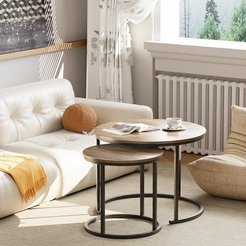 aboxoo Coffee Table Nesting Side Round Table Set of 2 End Table with Sturdy Metal Frame for Living Room Bedroom Apartment Modern Industrial Simple Nightstand,Oak - color: Oak
