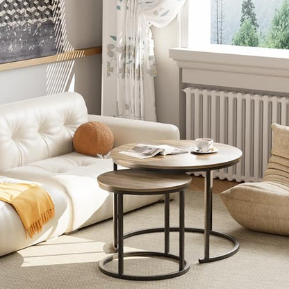 aboxoo Coffee Table Nesting Side Round Table Set of 2 End Table with Sturdy Metal Frame for Living Room Bedroom Apartment Modern Industrial Simple Nightstand,Oak - color: Oak