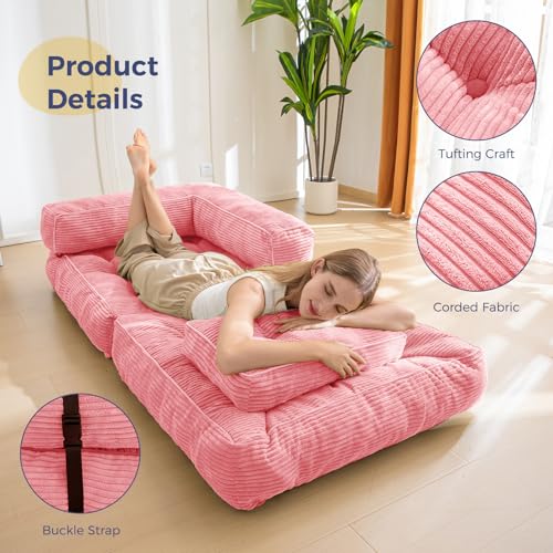 MAXYOYO Folding Sofa Bed, Convertible Chair Bed with Pillow | L-Shaped Floor Sofa with Armrest and Pillow, Foldable Portable Fold Out Comfy Chair Bed for Living Room Bedroom, Pink - color: Pink