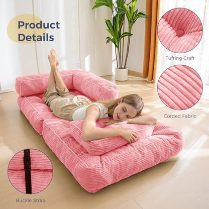 MAXYOYO Folding Sofa Bed, Convertible Chair Bed with Pillow | L-Shaped Floor Sofa with Armrest and Pillow, Foldable Portable Fold Out Comfy Chair Bed for Living Room Bedroom, Pink - color: Pink