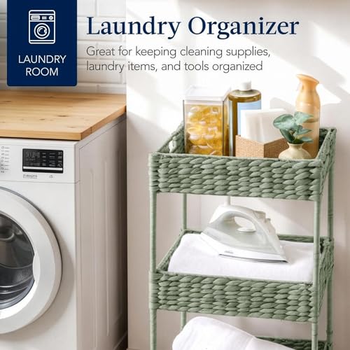 Best Choice Products 3-Tier Water Hyacinth Rolling Nursery Caddy w/Wheels, Utility Cart, Storage Organization for Bathroom, Craft Room, Laundry Room - Sage - color: Sage