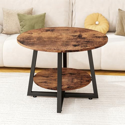 Round Coffee Table with Storage,Metal Small Coffee Table,Brown | 2-Tier Circle Small Coffee Table for Living Room, Metal Frame/Wood Look,Modern Sofa Table Center for Home Office - color: Brown