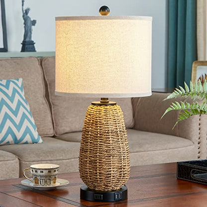 CINSARY Touch Control Rattan Table Lamp, 3 Way Dimmable Bedside Lamp for Bedroom with 2 USB Ports and AC Outlet, Nightstand Lamps for Living Room(LED Bulbs Included), Grass-1PK - color: Grass-1PK