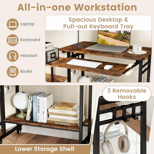 GIANTEX Rolling Computer Desk, Mobile Portable Desk with Keyboard Tray & Wheels, Laptop PC Table Cart with Shelf & Hooks, Industrial Small Desk for Small Spaces, Home Office, Bedroom, Rustic Brown - color: Rustic Brown