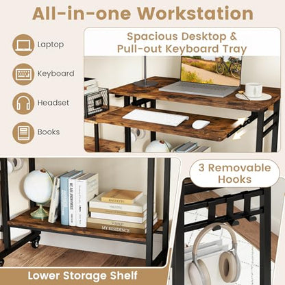 GIANTEX Rolling Computer Desk, Mobile Portable Desk with Keyboard Tray & Wheels, Laptop PC Table Cart with Shelf & Hooks, Industrial Small Desk for Small Spaces, Home Office, Bedroom, Rustic Brown - color: Rustic Brown