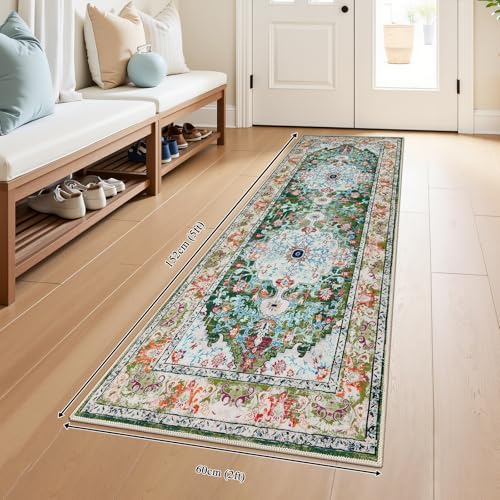 U'Artlines 2'x5' Boho Hallway Runner Rug Non Slip Washable Runners,Green | Vintage Farmhouse Kitchen Rug Accent Area Carpet for Entryway Laundry and Living Room - color: Green, size: 2' x 5' (Runner)