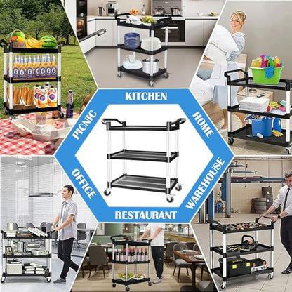 Utility Carts with Wheels, Rolling Kitchen Cart, 3 Tier Cart, Food Service Cart, Restaurant Kitchen Cart, Plastic Heavy Duty Cart for Office Business, 510lbs 16.9" D x 31.5" W x 37.8" H