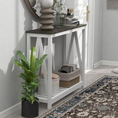 Entryway Table, 39" Farmhouse Console Table with Shelf Narrow Foyer Table | | 2-Tier Open Shelf,V-Shape Anti-Tip Legs,Slim Narrow Design,30-Min Easy Assembly,Sofa Table Use,Two-Tone Finish,Dark Oak - color: Dark Oak