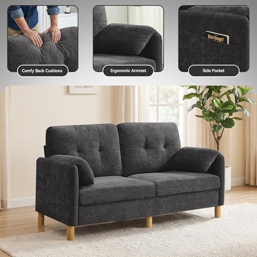 Mid Century Modern Couch, 65" Loveseat Sofa, Dark Grey | Storage Pockets, Upholstered Small Loveseat for Small Spaces, Bedroom, Home Office, Apartments - color: Dark Grey