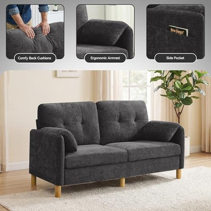 Mid Century Modern Couch, 65" Loveseat Sofa, Dark Grey | Storage Pockets, Upholstered Small Loveseat for Small Spaces, Bedroom, Home Office, Apartments - color: Dark Grey