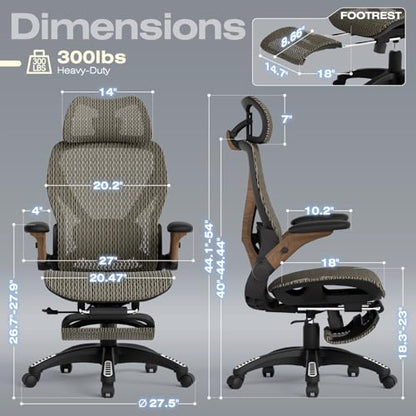 X100 Ergonomic Mesh Office Chair with Footrest, Big and Tall Home Desk Chair with 5D Flip-Up Arms, Adjustable 3D Lumbar Support, Gaming & Executive Computer Chair (Coffee Break) - color: Coffee Break