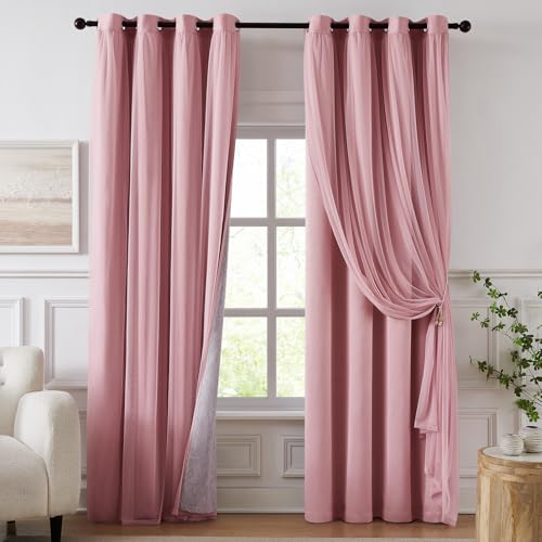 100% Blackout Curtains for Bedroom, Double Layer Pink Curtains, Black Out Curtain 84 inch Long with Sheer Overlay for Living Room, Room Darkening Window Drapes with Grommet, 52" W x 84" L - color: Pink, size: 52"W x 84"L (Pack of 2)