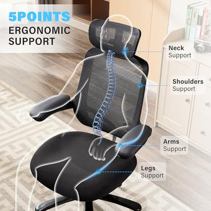 500lbs Big and Tall Office Chair - Heavy Duty Mesh Ergonomic Desk Chair with Headrest, High Back Computer Chair - Flip-up Armrests, Wide Thick Seat Cushion, Quiet Wheels, Black - color: Black With Headrest