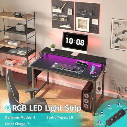 Lufeiya Small Desk with Power Outlets and LED Lights, 32 Inch Teen Writing Study Table Home Office Computer Desks with Monitor Stand, Gaming Desk with Charging Station, Black - color: Black, size: 31.5"