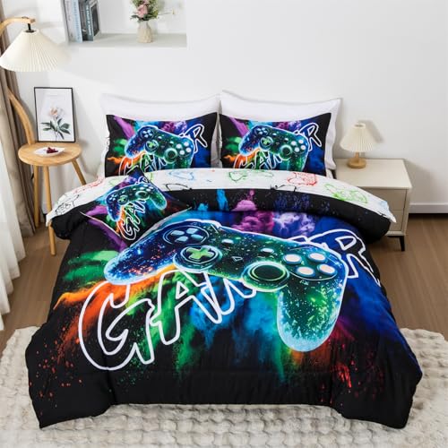 Aimuan Gamer Gaming Bedding Sets 3D Gamepad Comforter Sets for Boys Games Console Action Buttons Novelty Colorful Game Controller Modern Room Decor Home Quilt Set (Black-Green, Twin 6Pcs) - color: Black-green, size: Twin(6Pcs)