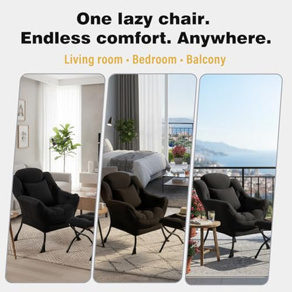 Lazy Chair with Ottoman, Comfy Reading Chair for Bedroom，Black | Comfy Bedroom Accent Chair with Washable Removable Cover and extra throw pillow for Living Room Dorm - color: Midnight Peach Black