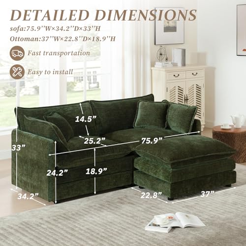 70.8" Chenille L Shaped Modular Sofa with Ottoman,Green | Randomly Assemble Modular Sofa Sets, Modern Recliner Deep Seat Sofa Set for Living Room,Office - color: Green, size: 2S+1O