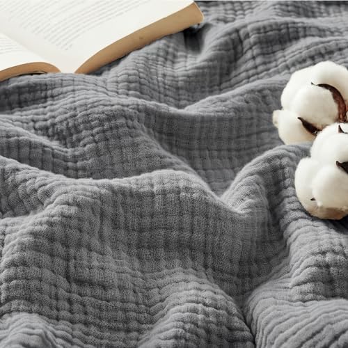 Bedsure 100% Cotton Muslin Blankets for Adults, Large Throw, Grey | 4-Layer Breathable,Lightweight, Soft Cooling Summer Gauze Cotton Throw Blanket for Couch, Sofa，Travel, All Season, 50"x70" - color: 02 - Grey, size: Throw XL (50" X 70")