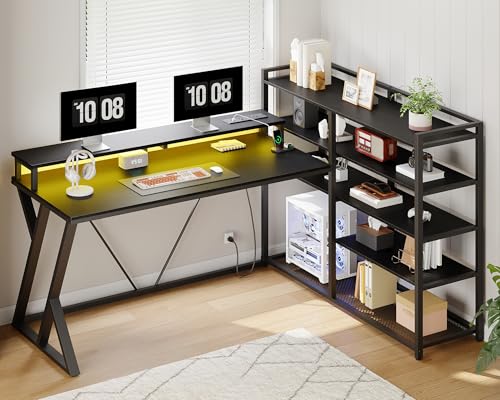 L Shaped Gaming Desk with Bookshelf, 52'' Reversible Computer Desk with LED Light & Power Outlet, Corner Desk with Storage Shelves and Monitor Stand for Home Office, Black
