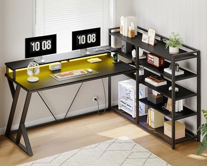 L Shaped Gaming Desk with Bookshelf, 52'' Reversible Computer Desk with LED Light & Power Outlet, Corner Desk with Storage Shelves and Monitor Stand for Home Office, Black
