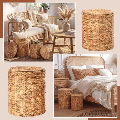 Novabright 2 Pcs Round Storage Ottoman with Lid 15.7" and 13" Natural Handwoven Water Hyacinth Footstool for Living Room Bedroom Entryway Bathroom Home Office