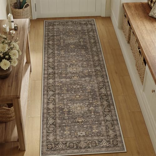 2x10 Dark Brown Vintage Runner Rug | Washable, Non Slip, Soft Low Pile, Traditional Farmhouse, for Hallway Kitchen Laundry Bathroom Bedroom - color: Brown, size: 2' x 10' (Runner)