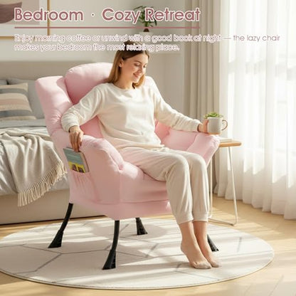 Lazy Chair, Comfy Reading Chair for Bedroom，Pink | Comfy Bedroom Accent Chair with Washable Removable Cover and extra throw pillow for Living Room Dorm - color: Peach Pink-single