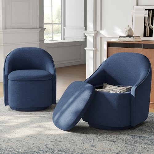 LINSY Swivel Accent Chair Set of 2, Comfy Chenille Barrel Chairs with Storage 360 Swivel Modern Armchair for Living Room Bedroom, Small Boucle Reading Chair for Study Room (Blue) - color: Blue (Set of 2)