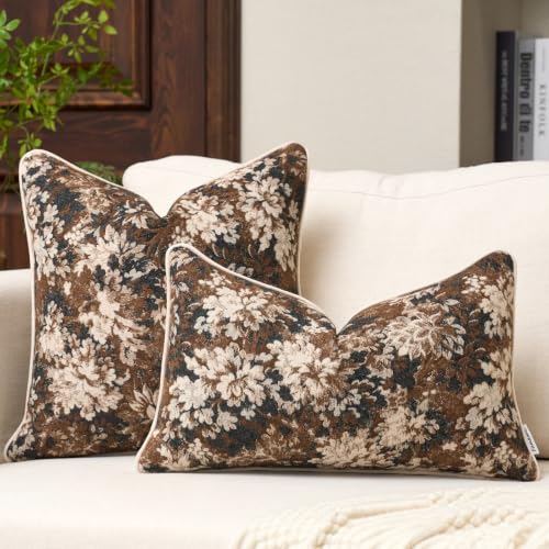 Fanami Vintage Floral Lumbar Throw Pillow Covers 12x20 Set of 2 Boho Farmhouse Accent Pillowcase Neutral Modern Chenille Rectangle Decorative Cushion Covers for Couch Bed Living Room Home Decor, Brown - color: Brown, size: 20" x 12" (Pack of 2)