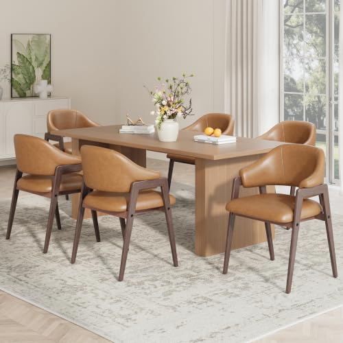 MALOL Wooden Dining Chairs Set of 6, Faux Leather, Curved Open Back, Brown - color: Brown, size: Set of 6