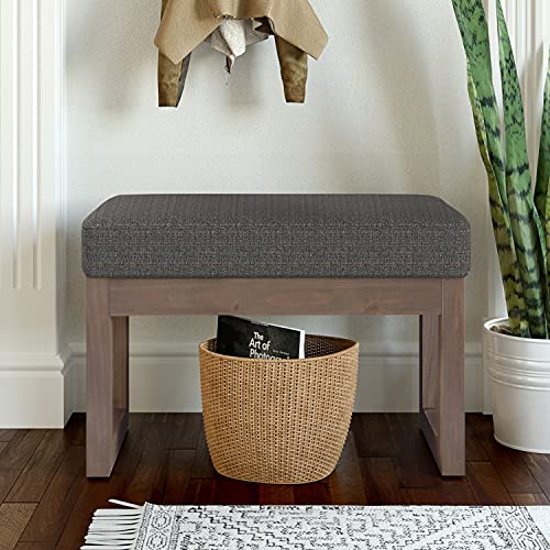 SIMPLIHOME Milltown 27" Wide Tweed Rectangle Ottoman in Ebony | Contemporary upholstered ottoman with a cushioned seat for extra seating in the bedroom or entryway; footstool, footrest. - color: Ebony, style: Small Ottoman Bench