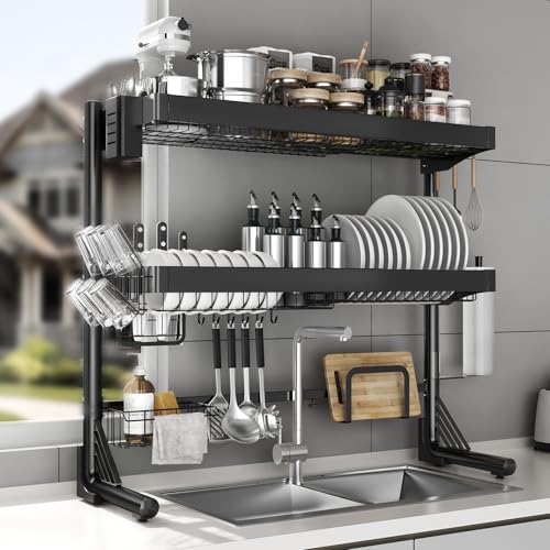 Over Sink Dish Drying Rack, 3-Tier Full Stainless Steel Drainer Dish Rack Adjustable 20.9''-37.4'', Expandable Multifunctional Kitchen Organizer - color: Black, size: 3 Tier with Flat Grid