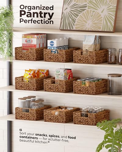 Bluewest Woven Water Hyacinth Storage Baskets with Handles, 6-Pack, Brown | Organizer and Laundry Basket with Carrying Handles, Designed as a Rattan Bin for Shelves, Closets and Household Essentials. - color: Brown