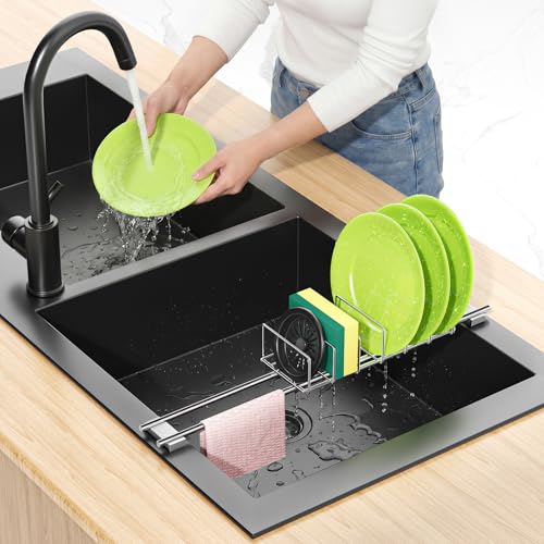 Expandable Over the Sink Plate Drying Rack with Dish Cloth Holder, Small Metal Dish Dryer Rack, Space-Saving Sink Drainer for Plates, Dish Rags, Sponges, Brushes, and Bottles (Silver)