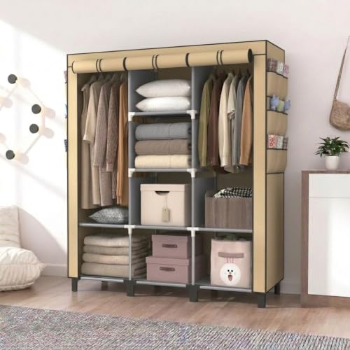 Portable Wardrobe with 10 Storage Racks and 2 Hanging Poles, 18 Side Pockets Non-Woven Cover, Size 130 x 45 x 172 cm, Bedroom Closet Organizer(Beige) - color: Beige