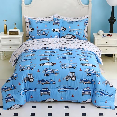 Kids Twin Comforter Sets for Boys 6 Pieces Blue Bedding Set for Teens Microfiber Police Car Plane Kids Bed in A Bag with Comforter, Sheet Set, Shams and Decorative Toy Pillow All Season - color: Police Car Plane, size: Twin