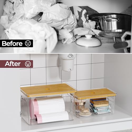 Delamu 2 Pack (XL+S) Trash Bag Dispenser, Stackable Garbage Bag Holder | Clear Acrylic Organizer Bins for Under Sink Organization, Pantry Storage, Cabinet, Kitchen, Laundry, Bathroom - size: XL+S-2 Pack