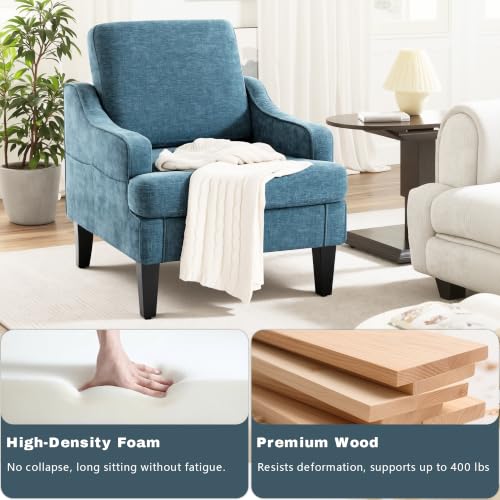 Accent Chair for Living Room,Mid-Century Arm Chair Fabric Living Room Chairs,Upholstered Reading Chair for Bedroom,Single Sofa Chair with Wood Legs for Apartment (1, Chenille Blue) - color: Blue