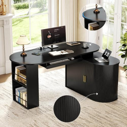 HSH Black L Shaped Office Desk with Storage Cabinet for Home Oak 60 Inch | Executive Woood Fluted Computer Desk with Keyboard Tray and Open Shelves Modern Reversible Mcm Large Swivel Table - color: Black Oak