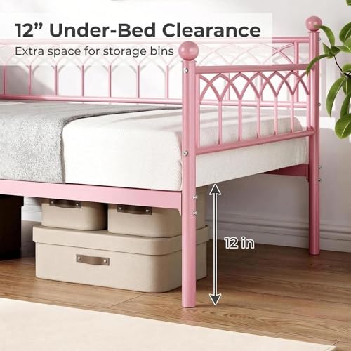 IDEALHOUSE Twin Size Daybed, Sofa Bed Frame with Metal Steel Slat Support, Heavy Duty Metal Bed Frame, Space Saving, Easy Assembly, for Small Spaces, Living Room, Bedroom, Apartment, Pink | Space-Saving Guest Bed - Slides Under Daybeds for Overnight Visit
