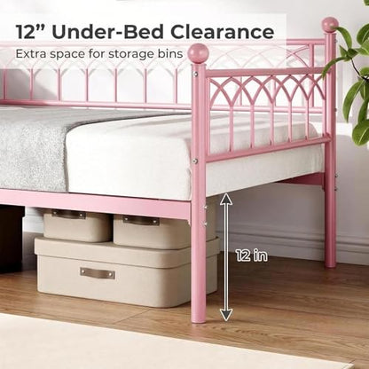 IDEALHOUSE Twin Size Daybed, Sofa Bed Frame with Metal Steel Slat Support, Heavy Duty Metal Bed Frame, Space Saving, Easy Assembly, for Small Spaces, Living Room, Bedroom, Apartment, Pink | Space-Saving Guest Bed - Slides Under Daybeds for Overnight Visit