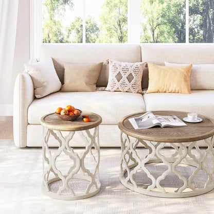 karlott Farmhouse End Table, French Country Tray Round Side Table, Beige | Curved Motif Frame Base With Distressed Tray Top, Boho Accent Table Ideal, End Tables for Living Room, Small Space, Bedroom - size: Tray End Table 18.5 Inches