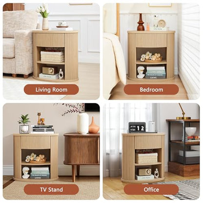 Fluted End Table with Drawer, Boho Side Table with Storage, Mid Century Modern Nightstand for Bedroom Bedside, Living Room Couch Sofa, Office, Desk Side Table for Small Spaces - color: Oval-natural