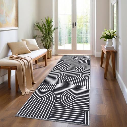 ROYHOME Modern 2.5x10 Hallway Runner Rug Non Slip Soft Kitchen Rug, Black | Abstract Washable Mat, Rainbow Geometric Runners Rugs for Bedroom, Long Rugs for Entryway Arch Pattern Bathroom Laundry Dorm - color: Black, size: 2'6" x 10' (Rectangular)